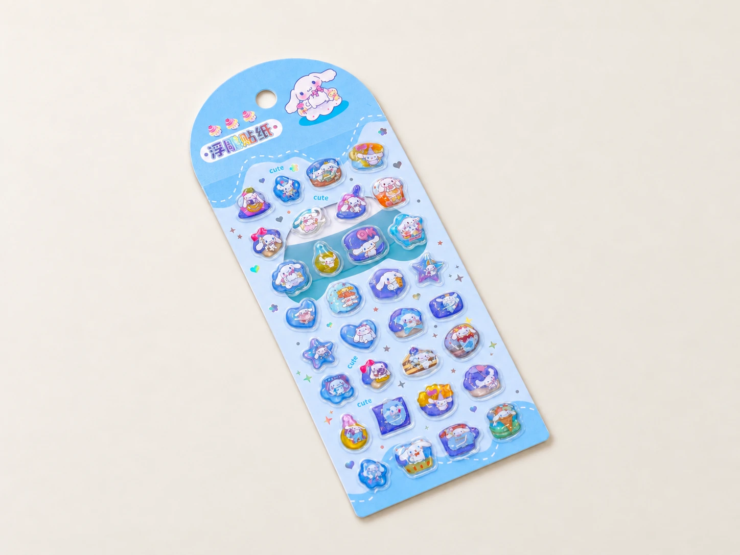 3D blister bubble sticker sheet with raised sculpted details and a printed header card.