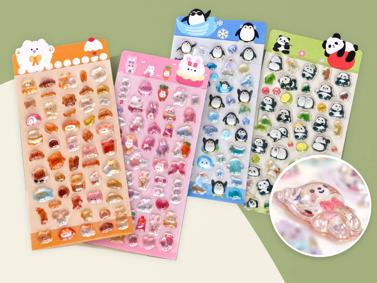 3D blister bubble sticker sheets with sculpted contours and a raised detail close-up