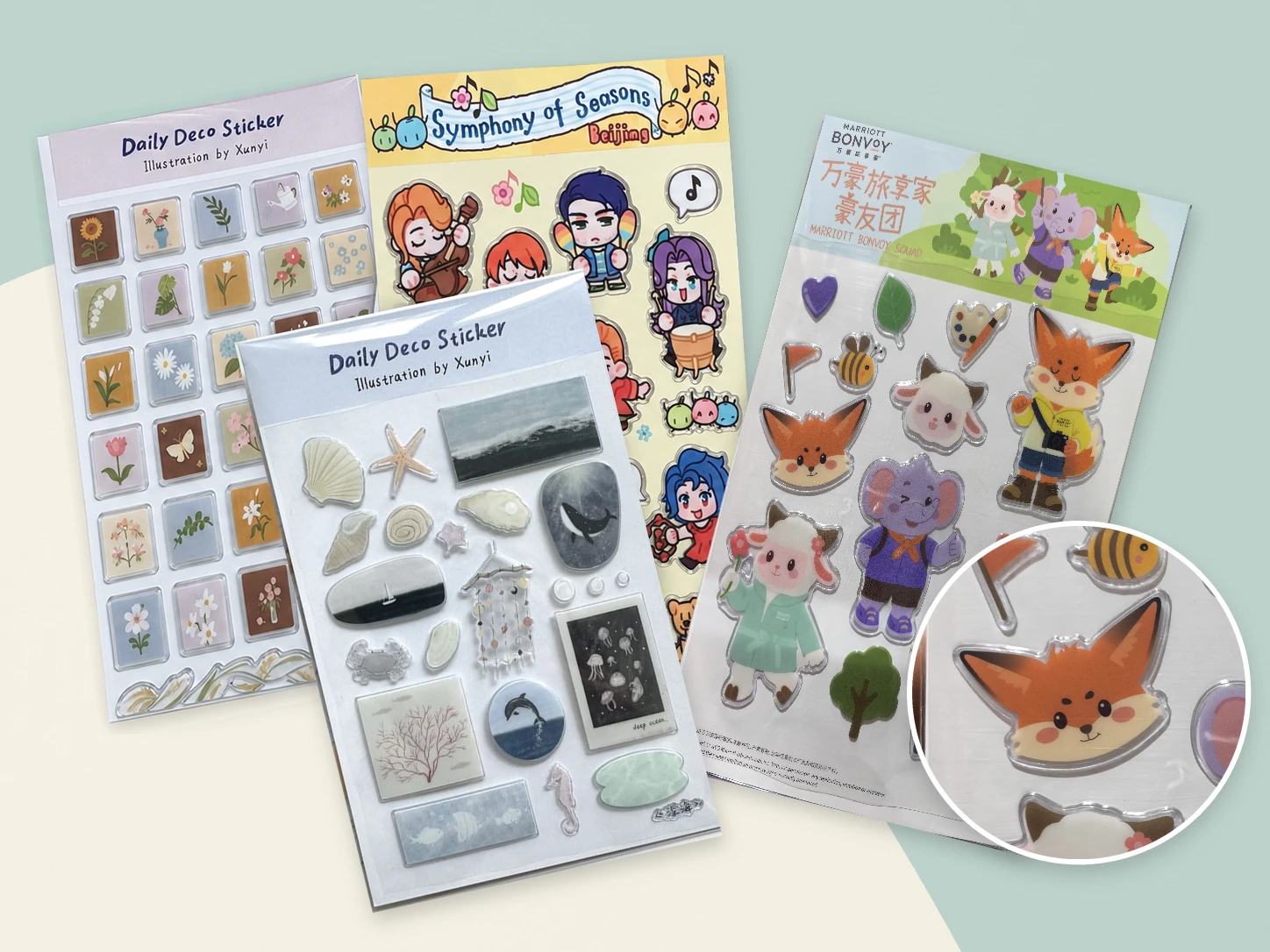 Clear puffy sticker sheets with transparent raised borders and a close-up detail