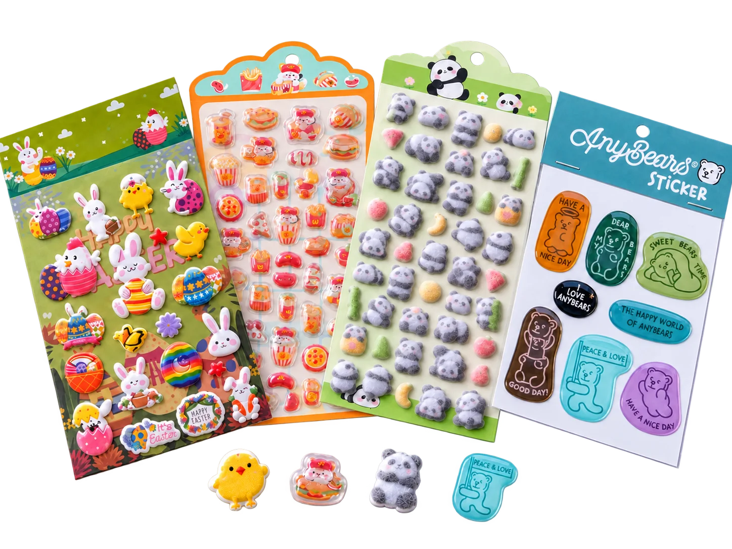 Custom puffy sticker samples showing foam, thermoformed 3D, flocked and resin domed finishes