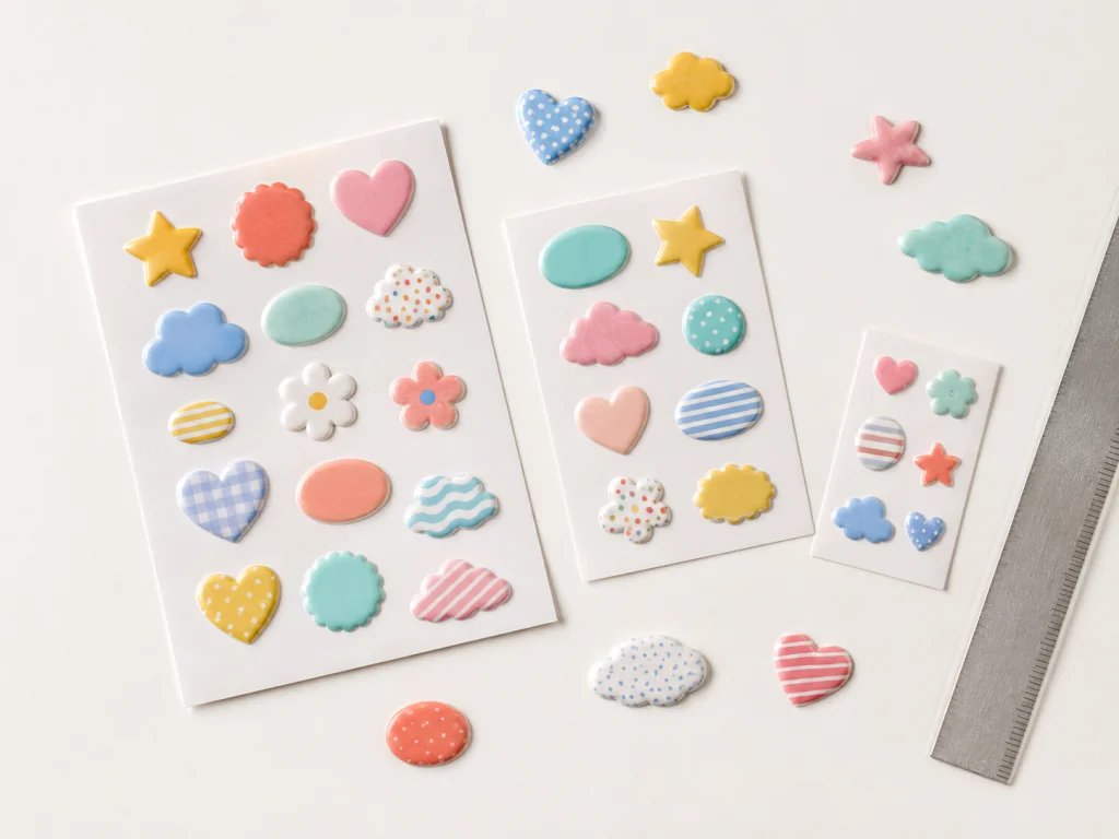 Illustrated sticker-sheet layout with coordinated shapes