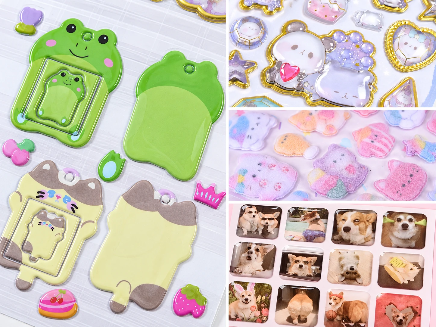 Collage of foam, molded relief, flocked and resin domed stickers showing different textures and finishes