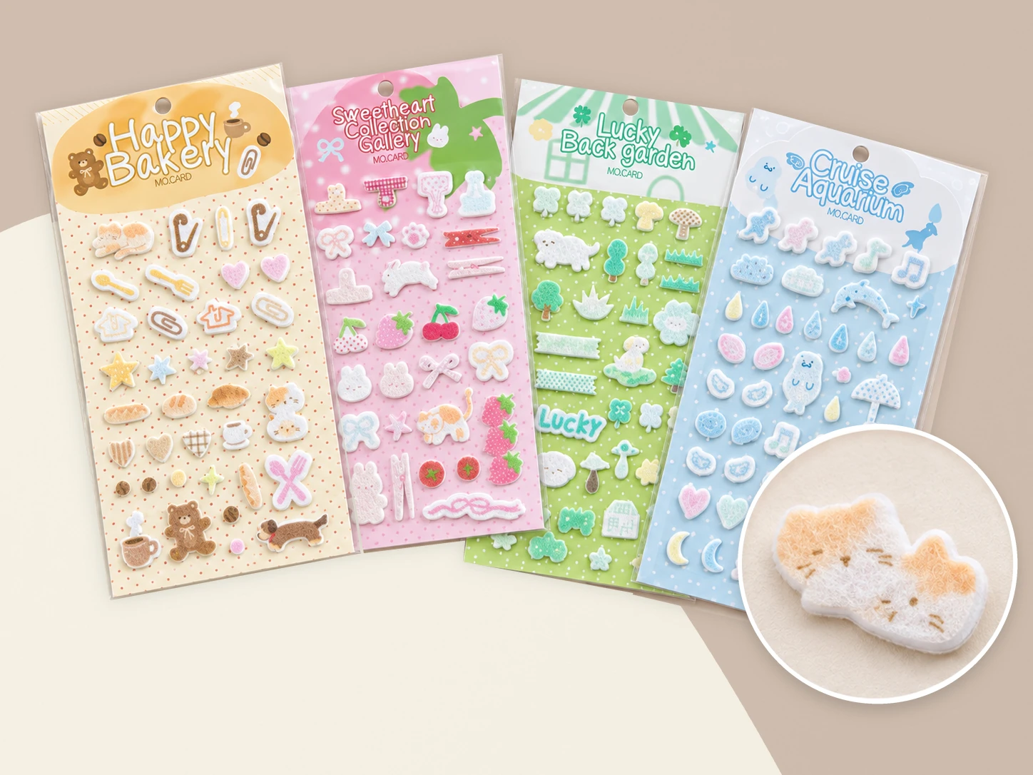 Felt sticker sheets with assorted designs and a close-up of the felt texture