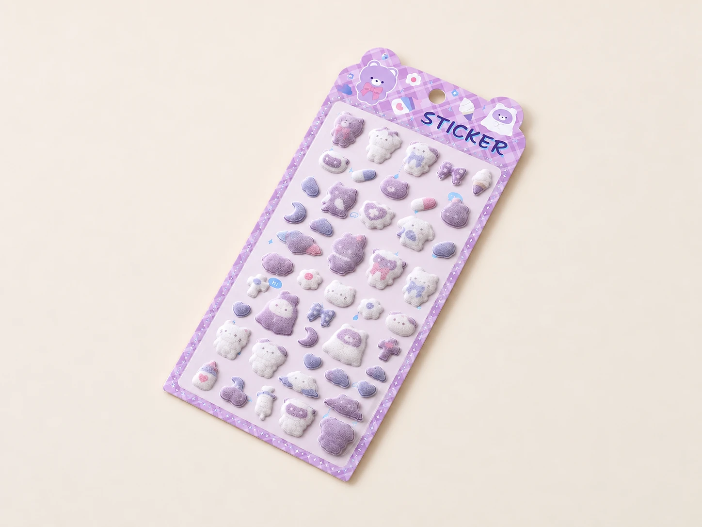 Flocked puffy sticker sheet with textured fiber surfaces and raised animal shapes.