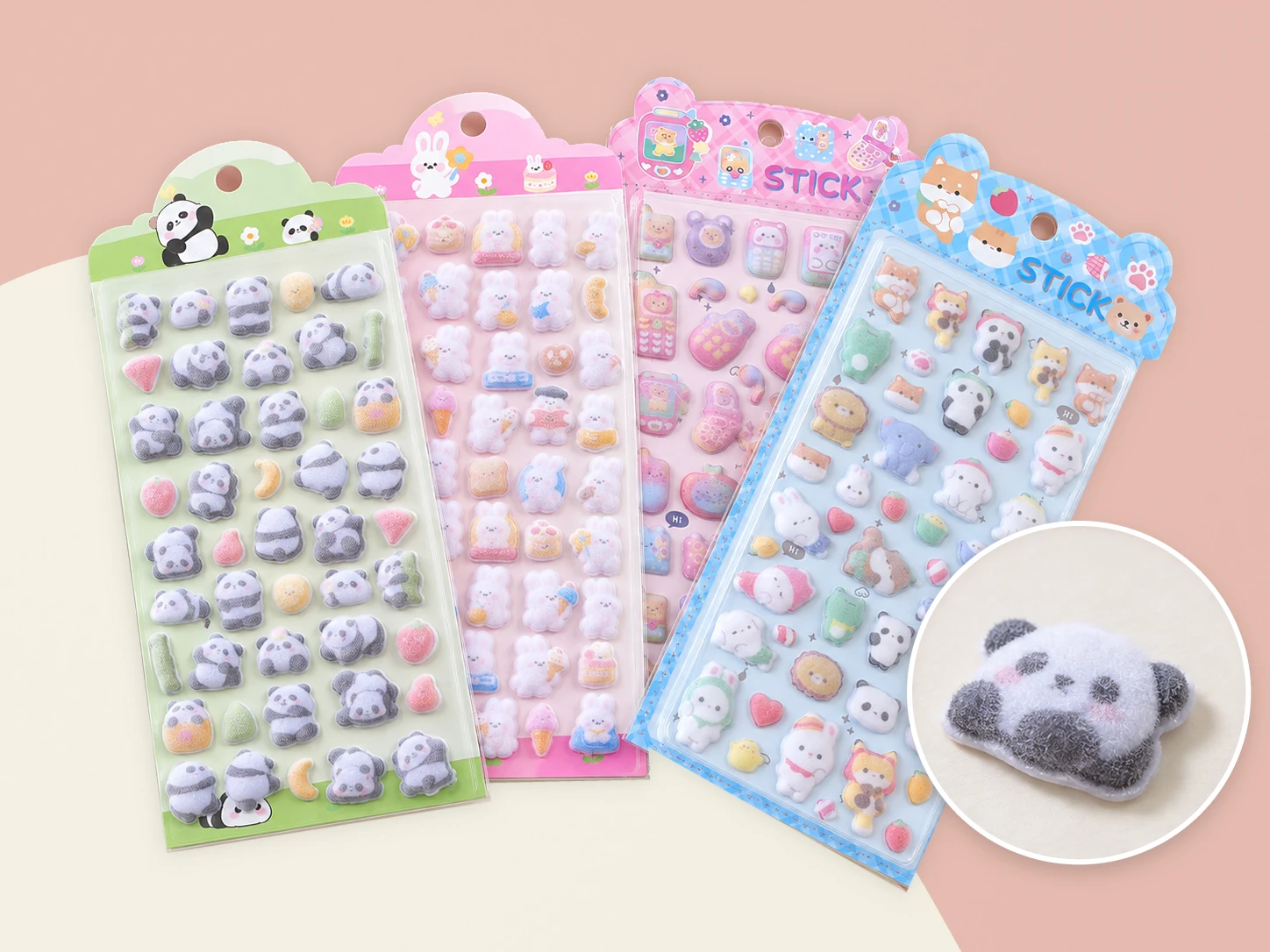 Flocked sticker sheets with animal designs and a close-up of the textured surface