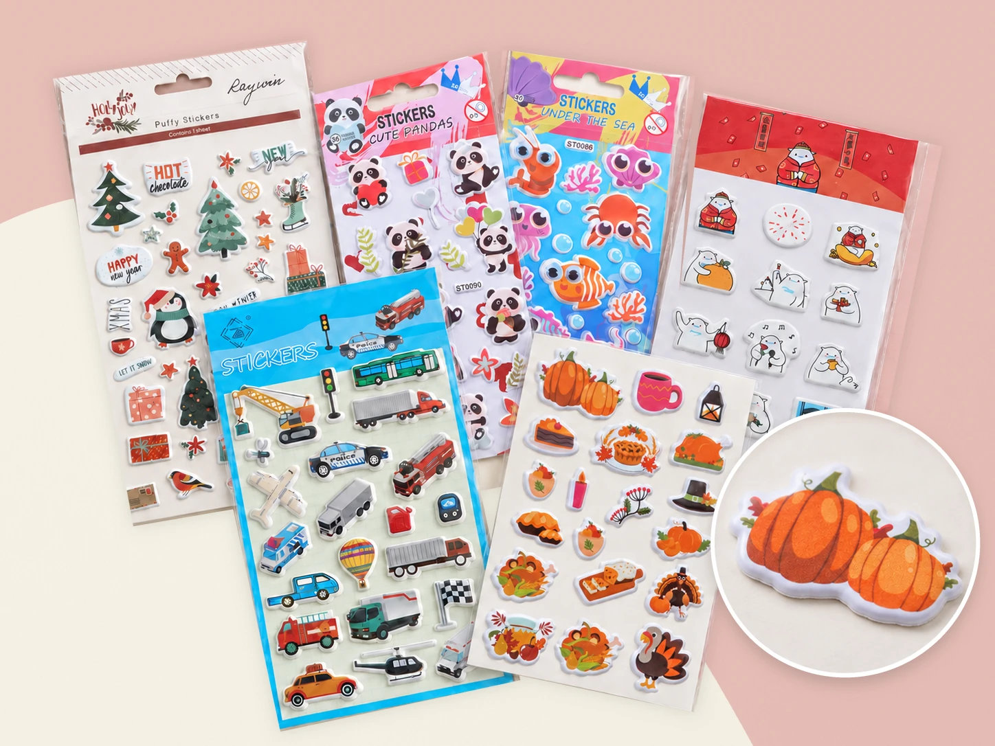 Foam puffy sticker sheets showing raised designs and a close-up of the foam profile