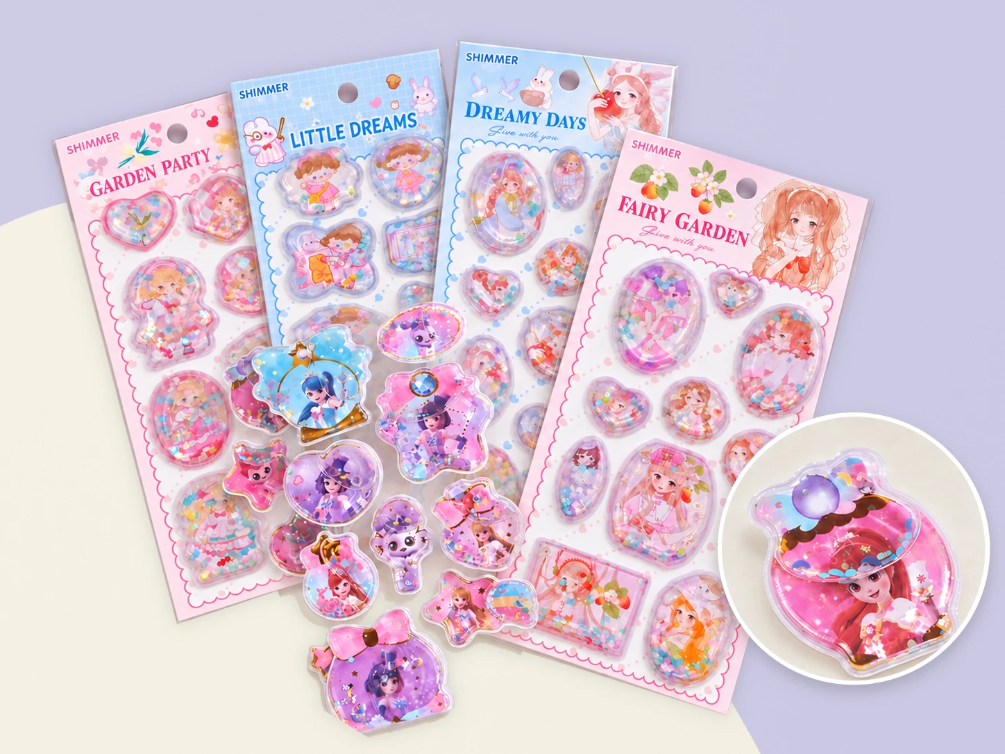 Interactive shaker sticker sheets with decorative fillings and a close-up detail