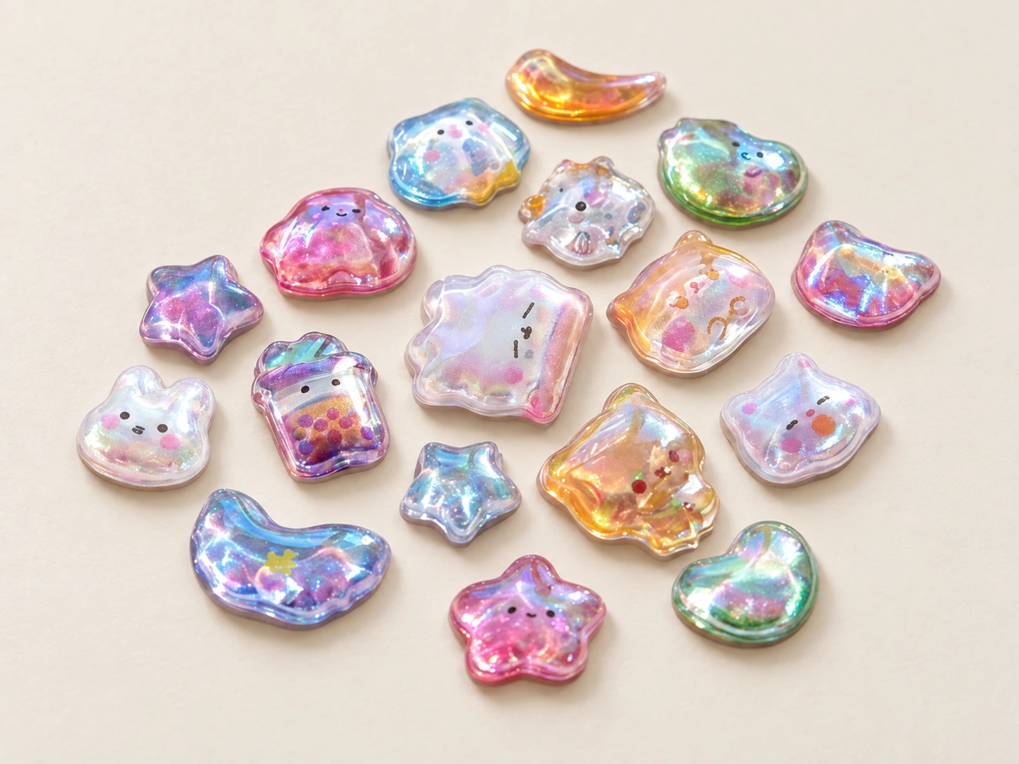 3D blister bubble stickers with sculpted contours and an iridescent finish.