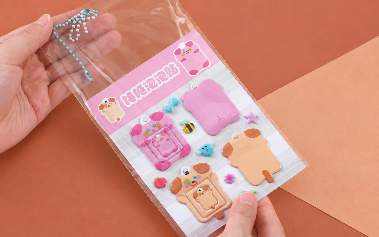 Puffy sticker packaging with a clear bag and printed backing card