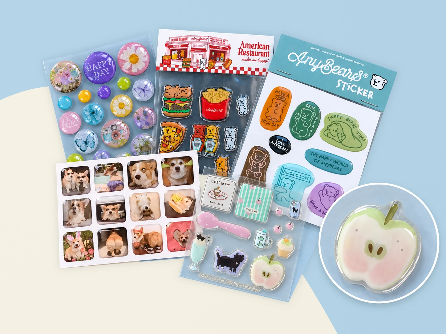 Resin epoxy dome sticker sheets with glossy raised surfaces and a detail close-up