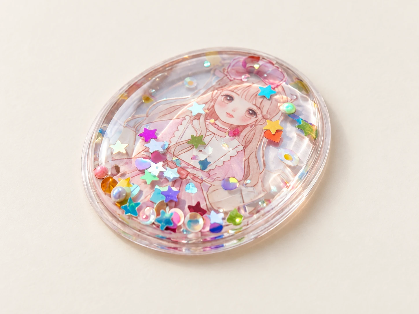 Shaker sticker with a transparent sealed pocket containing decorative sequins.