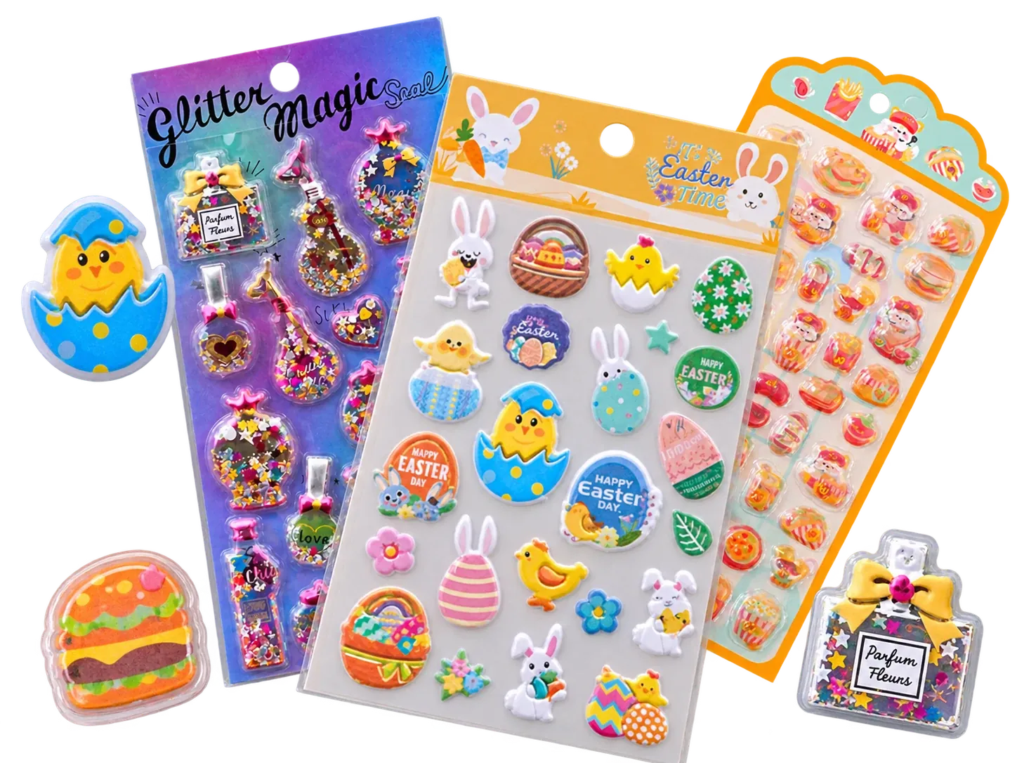 Custom puffy sticker sheets with printed header cards and individual dimensional details