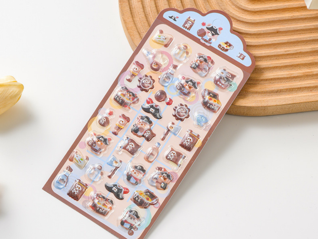 Cafe-themed bubble sticker sheet on a brown backing card