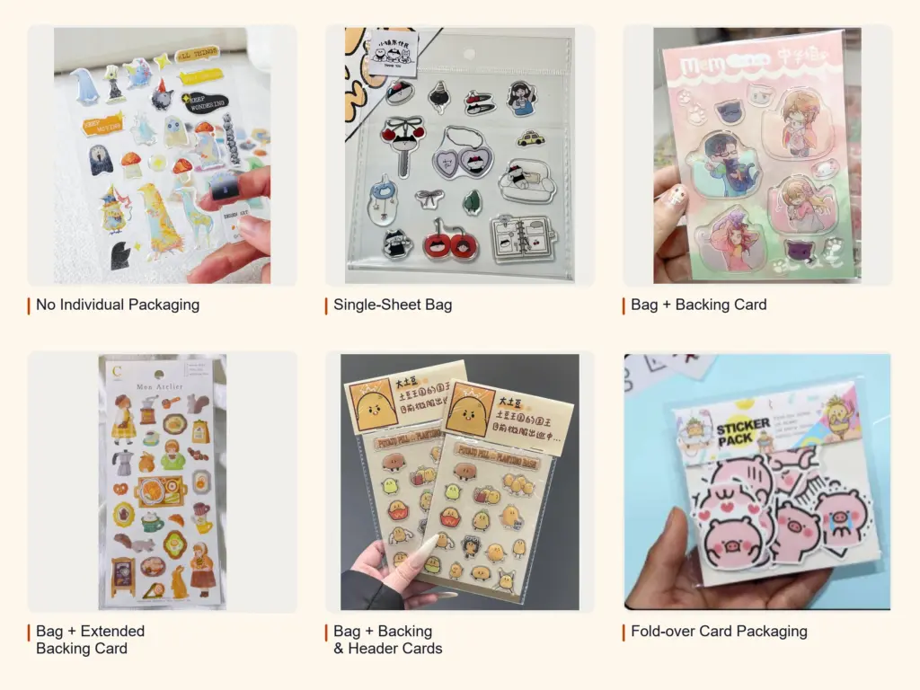 Epoxy sticker sheet packaging options including bare sheets, clear bags, backing cards, header cards, and fold-over cards