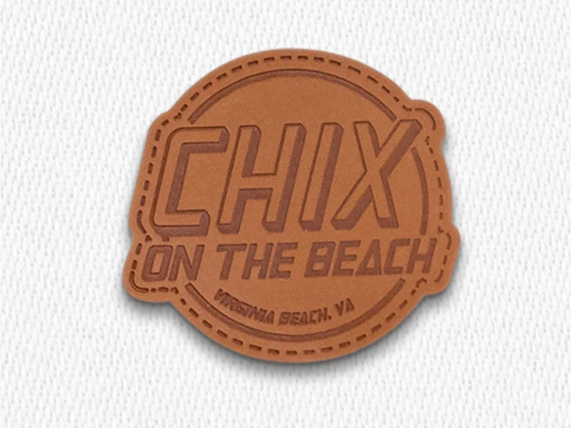 Custom brown PU leather sticker with debossed lettering