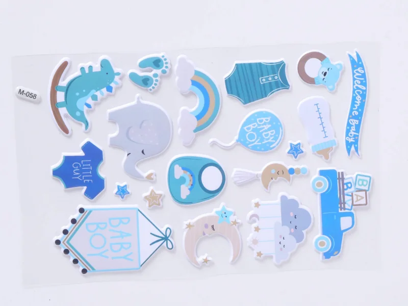 Custom kiss-cut foam puffy sticker sheet on a transparent release liner with embossed details