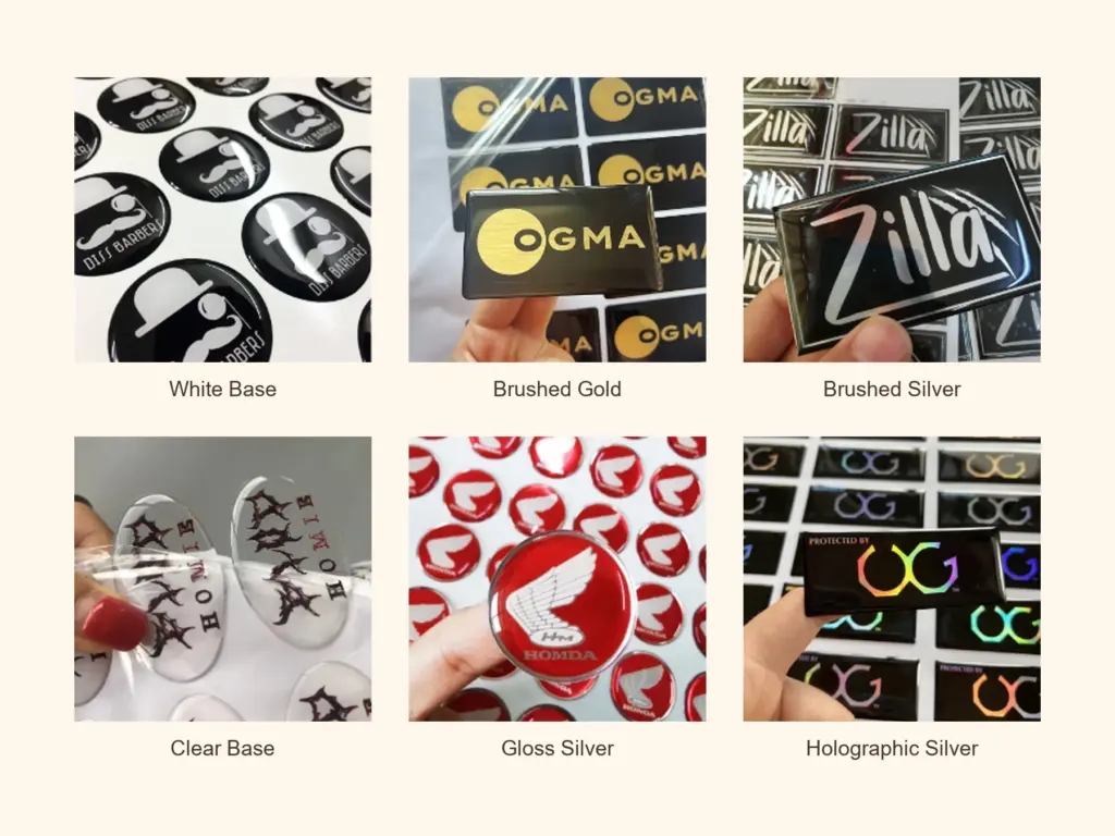 Comparison of white, clear, brushed gold, brushed silver, gloss silver, and holographic silver domed sticker bases
