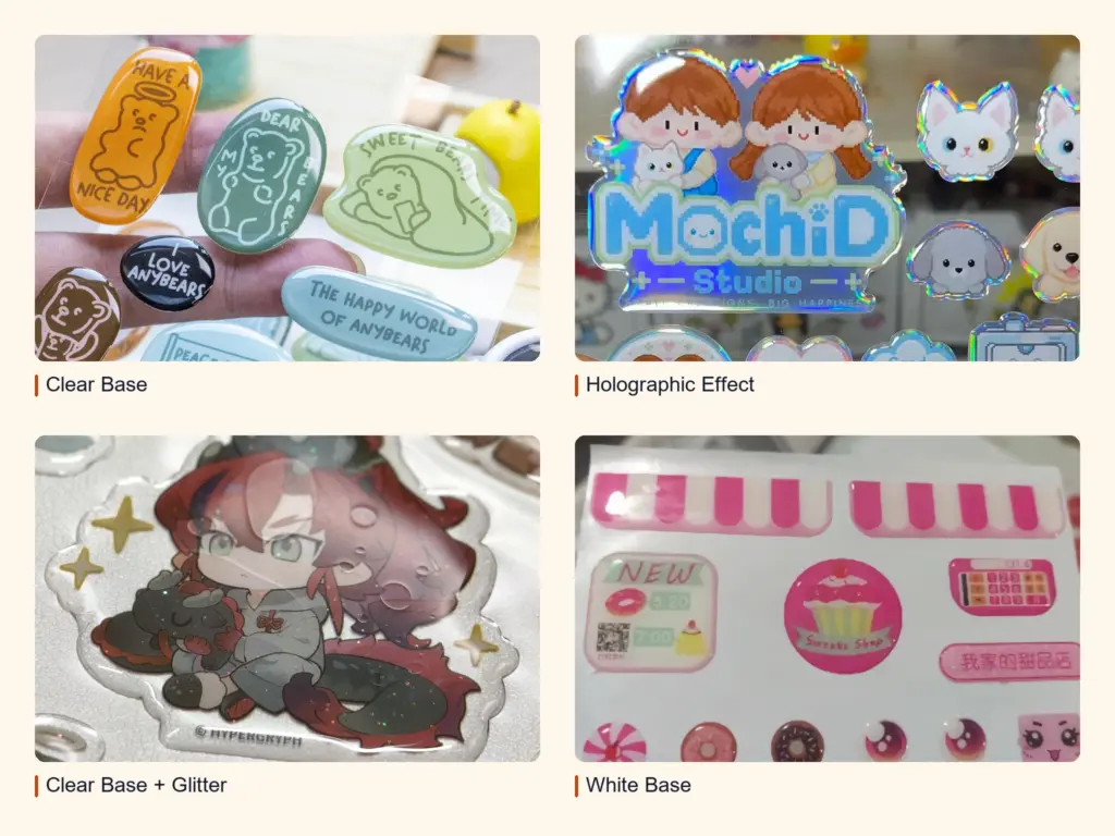 Epoxy sticker sheets showing clear base, holographic effect, clear base with glitter, and white base