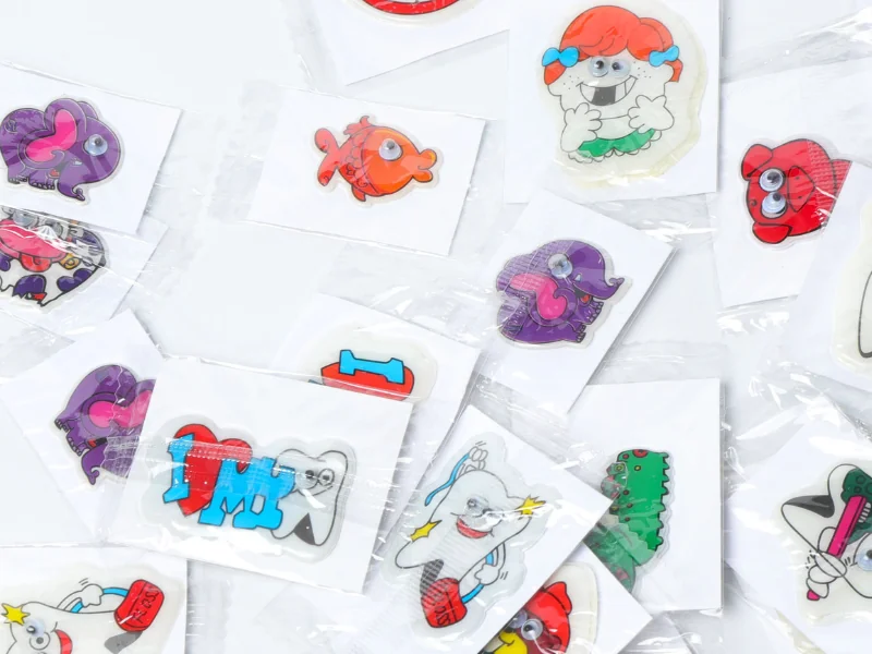 Individual kiss-cut puffy sticker singles packed separately in small clear OPP bags