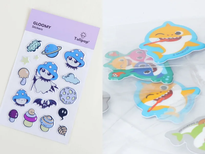 Side-by-side comparison of a multi-design puffy sticker sheet and individual kiss-cut singles